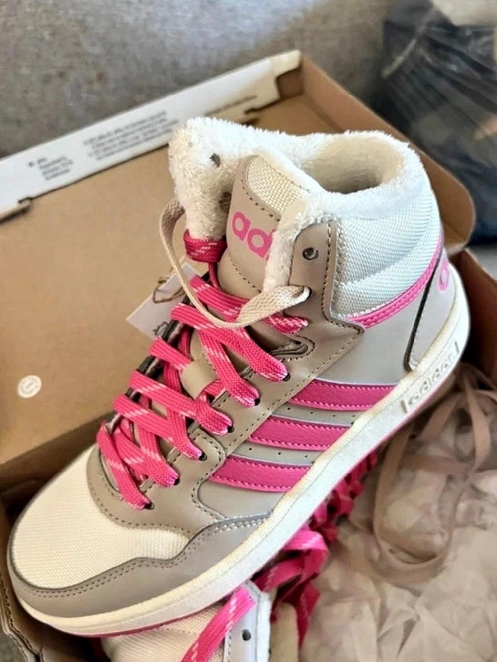 adidas Hoops Mid 3.0 K High-Top Sneakers Pink & Beige Girls US 3